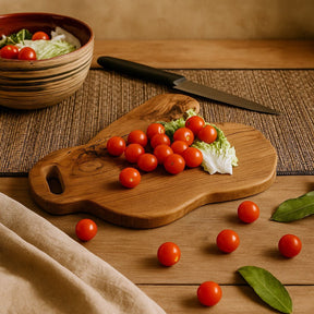 Wooden cutting board with cherry tomatoes and lettuce on a wooden table.
