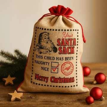 Sacco di juta natalizio Babbo Natale il bambino è stato buono