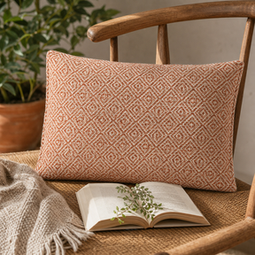 Classic Cushion Cover - Burgundy Squares- 30 × 50 cm - Lumber Style — styled in a warm, naturally lit interior
