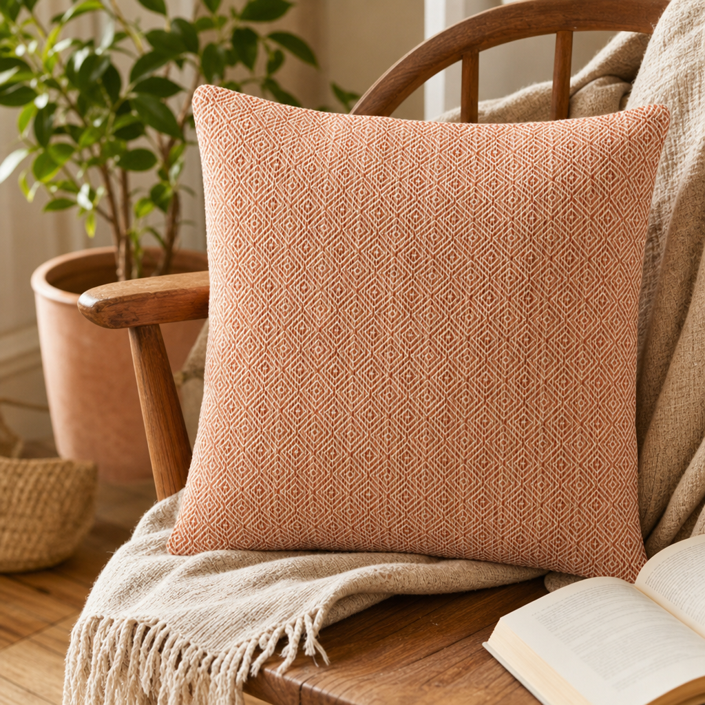 Classic Cushion Cover - Burgundy Squares - 60 × 60 cm - Jumbo Style — styled in a warm, naturally lit interior