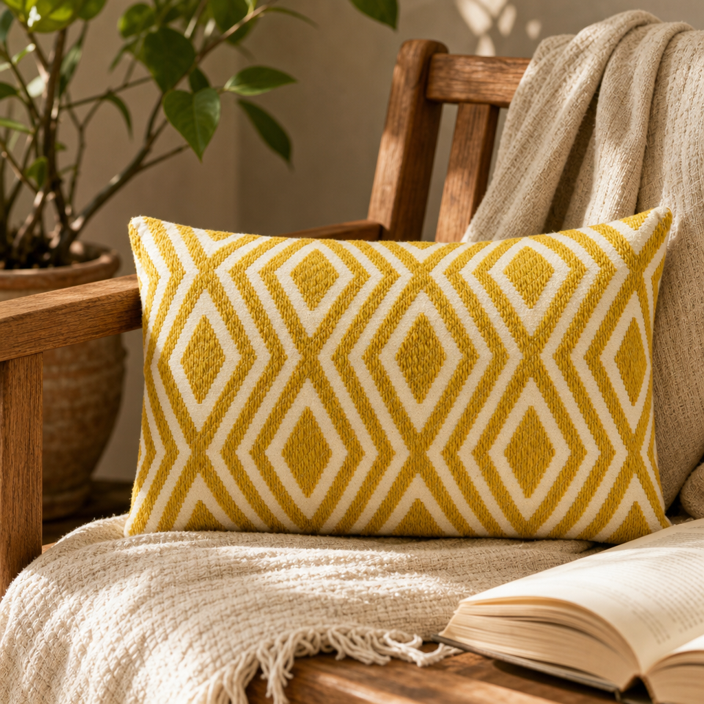 Classic Cushion Cover - Mustard Diamonds- 30 × 50 cm - Lumber Style — styled in a warm, naturally lit interior