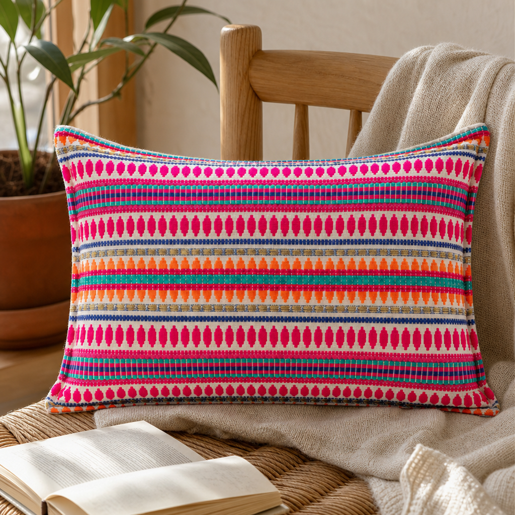 Classic Cushion Cover - Neon Stripes- 30 × 50 cm - Lumber Style — styled in a warm, naturally lit interior