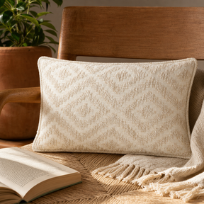 Classic Cushion Cover - Neutral Geo Creme - 30 × 50 cm - Lumber Style — styled in a warm, naturally lit interior