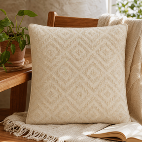 Classic Cushion Cover - Neutral Geo Creme - 60 × 60 cm - Jumbo Style — styled in a warm, naturally lit interior