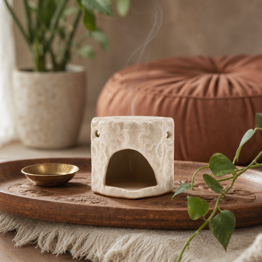 Classic Small Square Floral Oil Burners — styled in a warm, naturally lit interior
