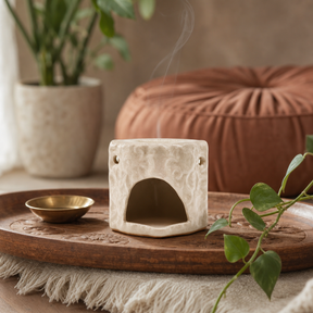 Classic Small Square Floral Oil Burners — styled in a warm, naturally lit interior