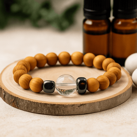 Clear Quartz Bangle Bracelet, Cedarwood Crown Chakra - SHAMTAM.COM