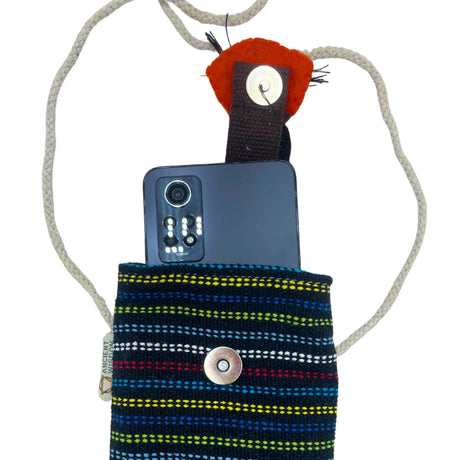 Colorful Striped Fox Face Phone Holder Bag with Strap - Black & Multi Fabric Pouch for Casual Use - SHAMTAM.COM