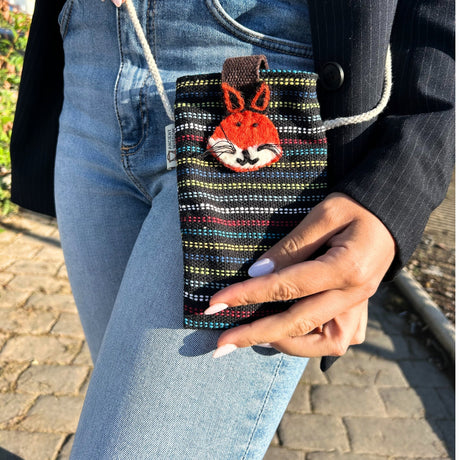 Colorful Striped Fox Face Phone Holder Bag with Strap - Black & Multi Fabric Pouch for Casual Use - SHAMTAM.COM