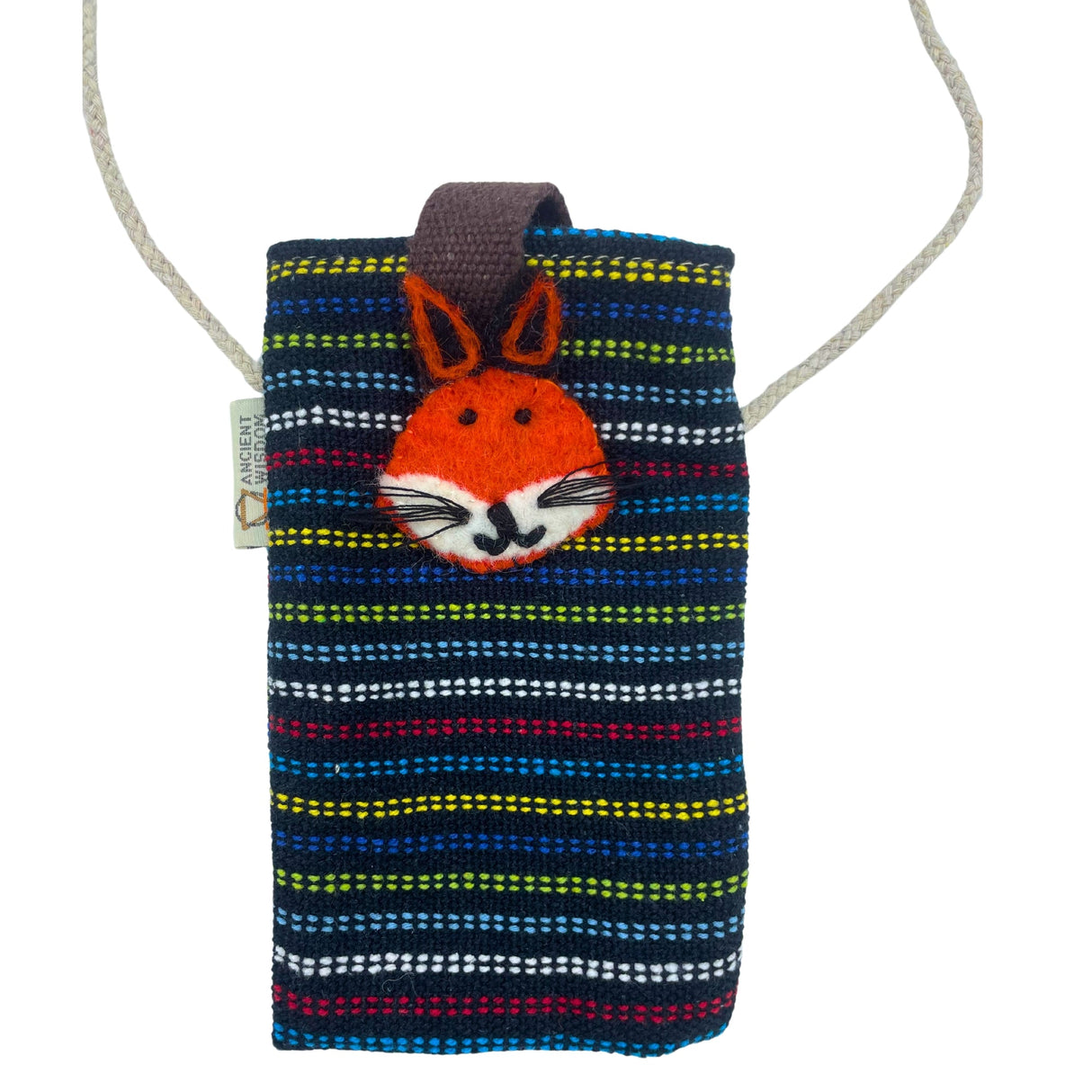 Colorful Striped Fox Face Phone Holder Bag with Strap - Black & Multi Fabric Pouch for Casual Use - SHAMTAM.COM