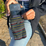 Colorful Striped Fox Face Phone Holder Bag with Strap - Black & Multi Fabric Pouch for Casual Use - SHAMTAM.COM