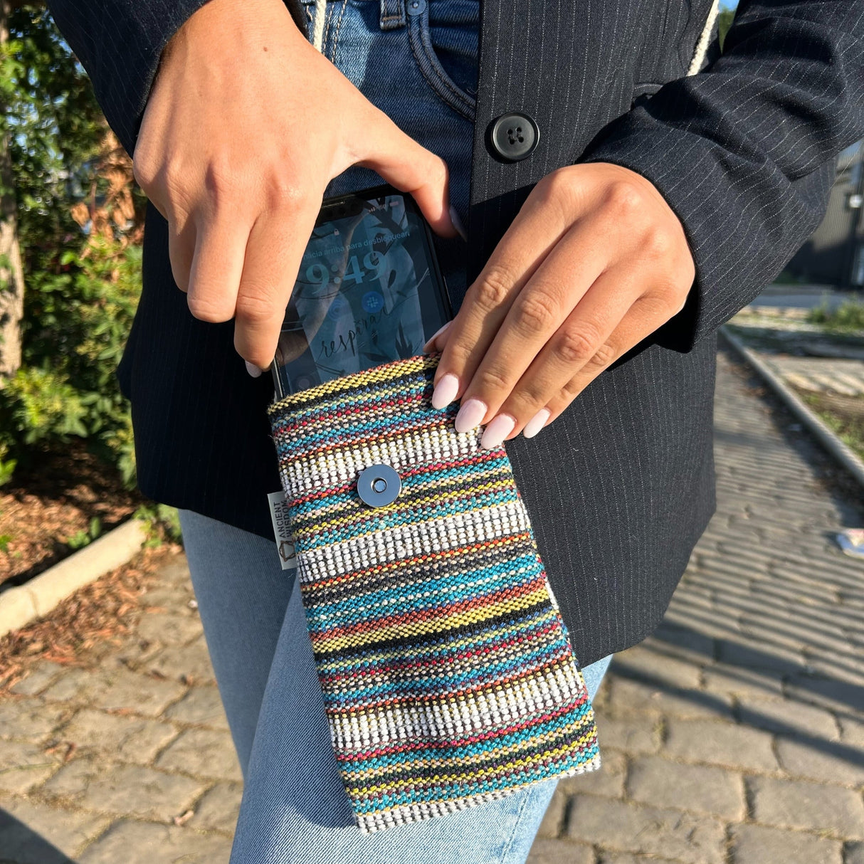 Colorful Striped Phone Holder Bag with Owl Decor – Multi - Color Neck Pouch for Small Items - SHAMTAM.COM