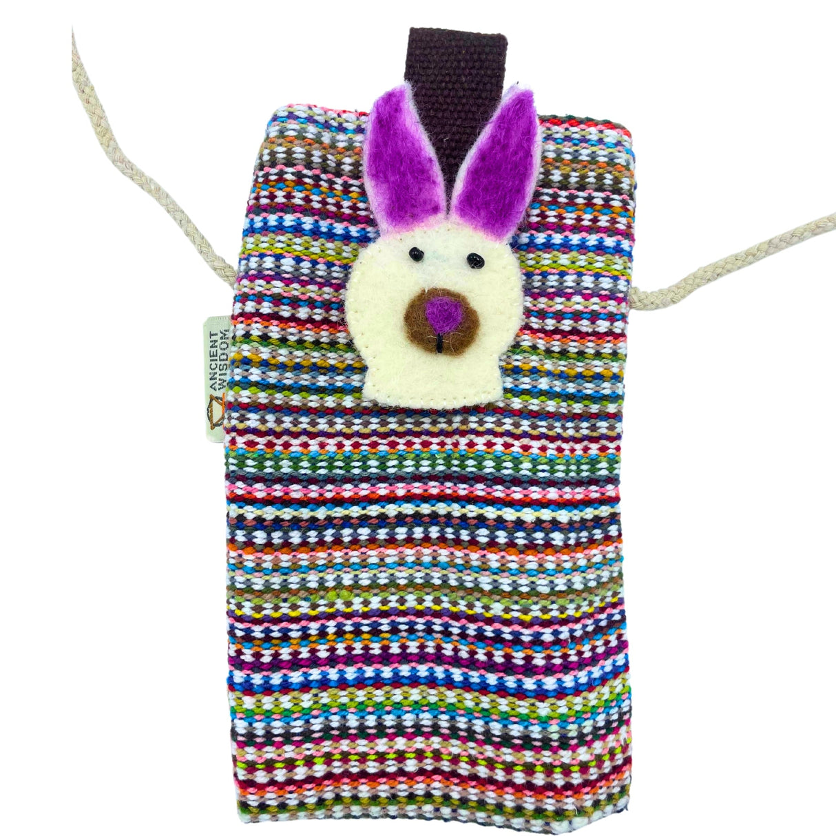 Colorful Striped Pink Bunny Phone Holder Bag with Long Strap – Cute Felted Rabbit Face Decor - SHAMTAM.COM