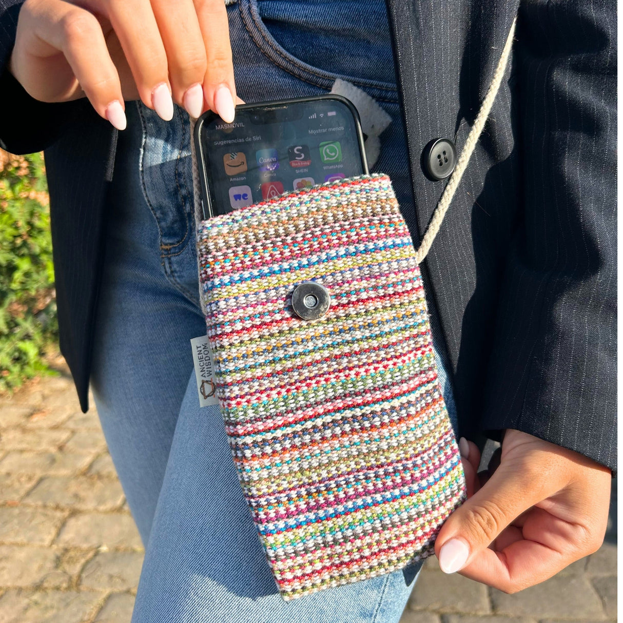 Colorful Striped Pink Bunny Phone Holder Bag with Long Strap – Cute Felted Rabbit Face Decor - SHAMTAM.COM