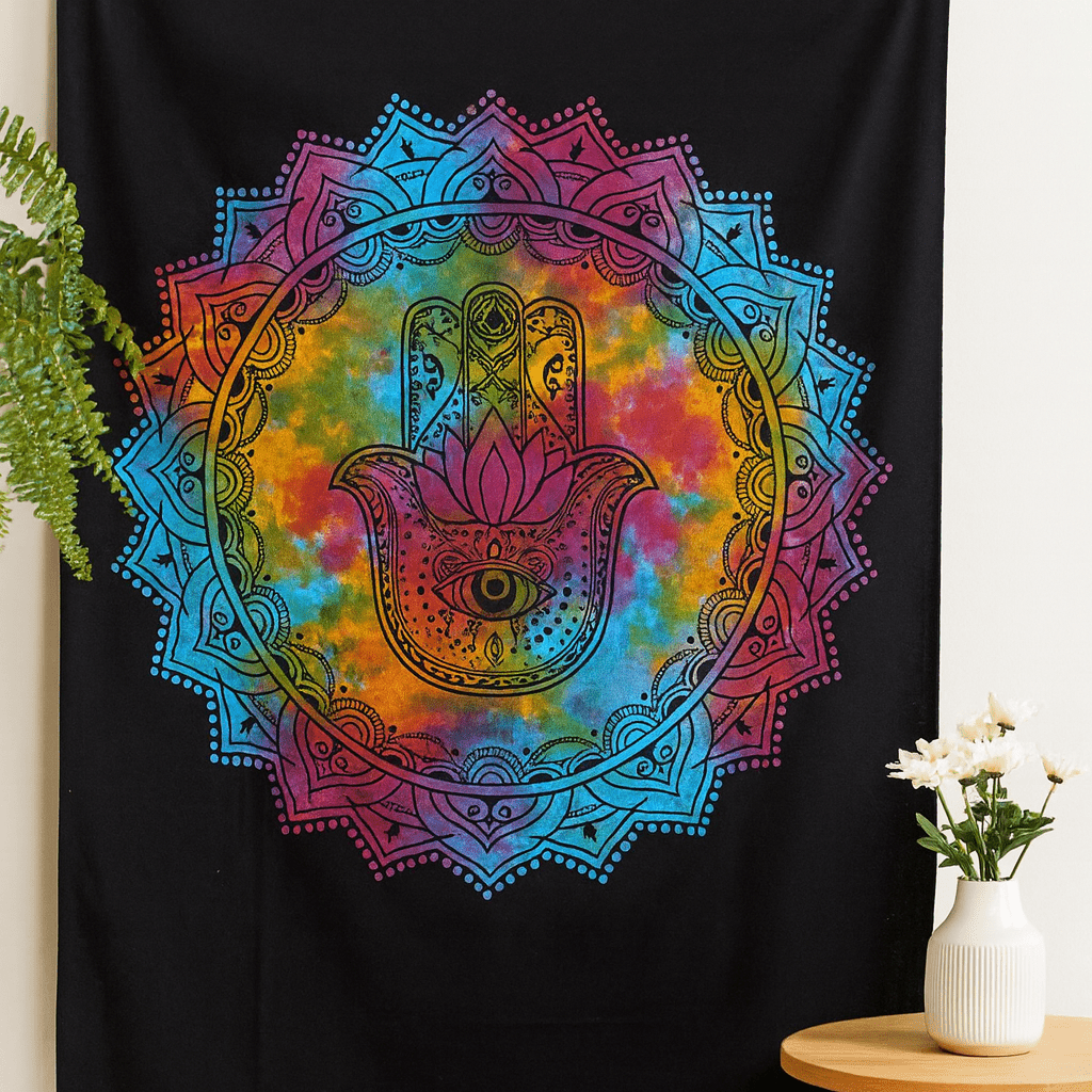 Cotton Bedspread Wall Hanging - Double Black Hamsa - SHAMTAM.COM