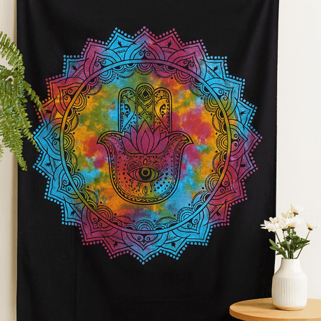 Cotton Bedspread Wall Hanging - Double Black Hamsa - SHAMTAM.COM