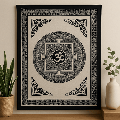 Cotton Bedspread Wall Hanging, Single Om Mandala Mono - SHAMTAM.COM