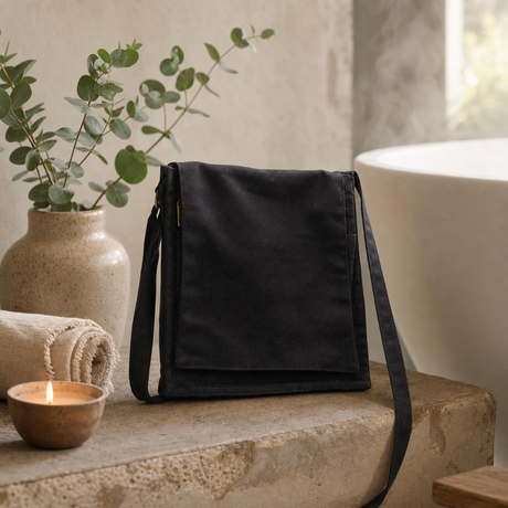 Cotton Canvas Messenger Bag - Black — styled in a warm, naturally lit interior