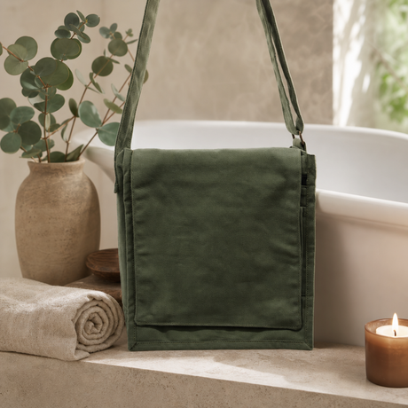 Cotton Canvas Messenger Bag - Green — styled in a warm, naturally lit interior