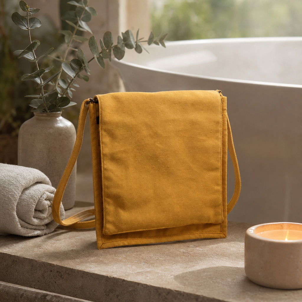 Cotton Canvas Messenger Bag - Yellow — styled in a warm, naturally lit interior