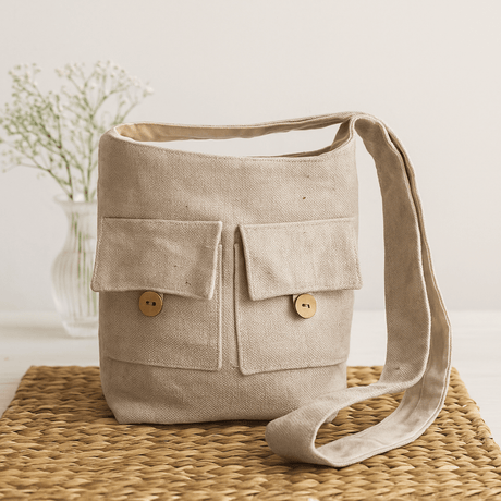 Cotton Crossbody Bag With Two Pockets Stone Medium - SHAMTAM.COM