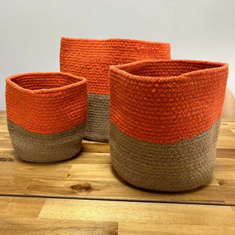 Set of 3 Indian Cotton Rope Storage Baskets - Two - Tone Orange and Jute Design by Ancient Wisdom - SHAMTAM.COM