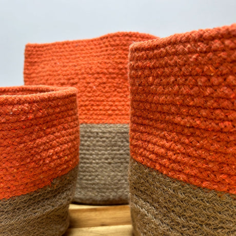 Set of 3 Indian Cotton Rope Storage Baskets - Two - Tone Orange and Jute Design by Ancient Wisdom - SHAMTAM.COM