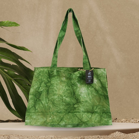 Forest Green Stonewash Effect Cotton Tote Bag with Tie - Dye Pattern and Long Handles - SHAMTAM.COM