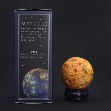 Crazy Lace Jaspis Kugle Med Goldstone Stativ – Merkur