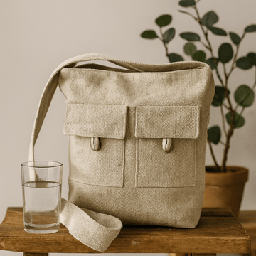 Bolso bandolera de algodón dos bolsillos natural mediano