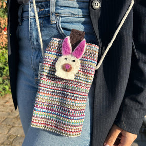Colorful Striped Pink Bunny Phone Holder Bag with Long Strap – Cute Felted Rabbit Face Decor - SHAMTAM.COM