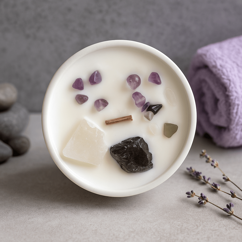 Crown Chakra Crystal Candle with Celestite and Selenite - SHAMTAM.COM