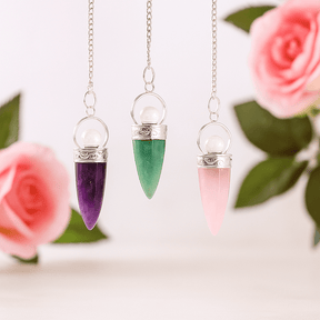 Crystal Dowsing Pendulum Cone and Silver Ring Assorted - SHAMTAM.COM