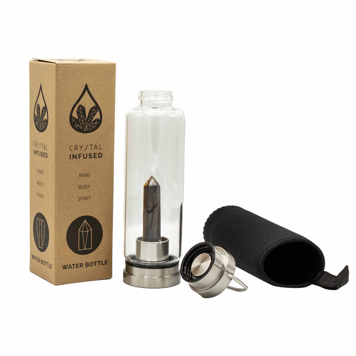 Crystal Infused Glass Water Bottle - Determined Tiger's Eye - Obelisk - SHAMTAM.COM