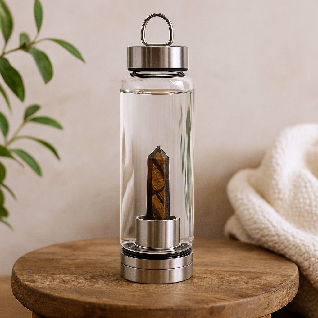 Crystal Infused Glass Water Bottle, Tiger's Eye Obelisk - SHAMTAM.COM