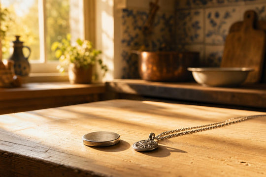 A silver coin and a silver pendant placed side by side on a wooden table in afternoon light