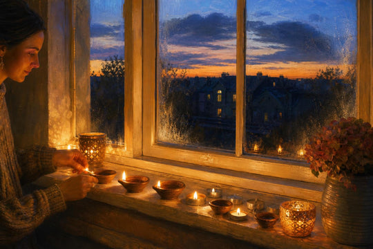 A row of lamps being lit along a windowsill at dusk before Diwali.