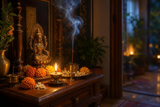 A small home altar corner with incense and a lit lamp, dusted and freshly arranged.