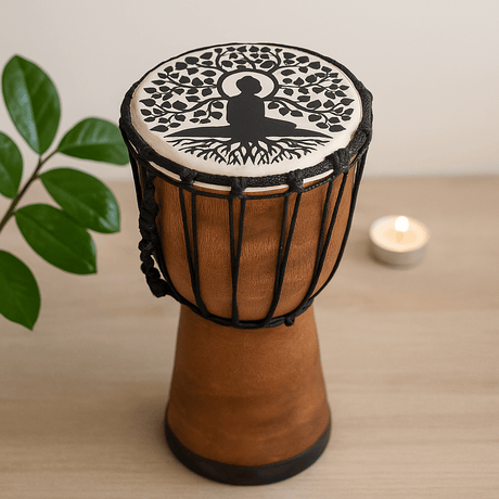 Djembe Drum Wide Top Buddha Design 13cm - SHAMTAM.COM