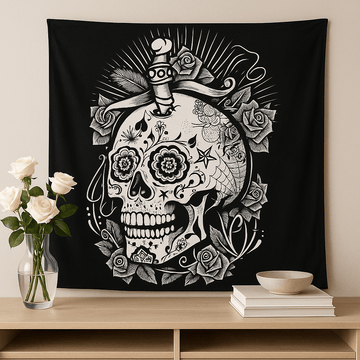 Colcha para cama doble tapiz – Calavera con rosa blanco y negro