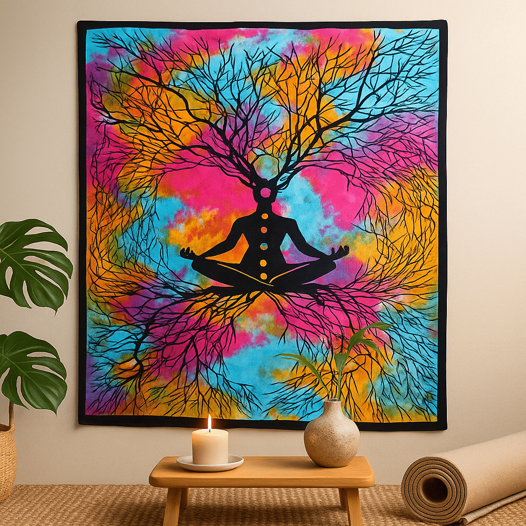 Double Cotton Bedspread and Wall Hanging Yoga Tree - SHAMTAM.COM