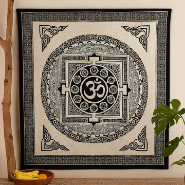 Dvojlůžkový bavlněný přehoz, Mono OM mandala závěs na zeď