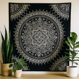 Double Cotton Bedspread Wall Hanging - Black White Lotus - SHAMTAM.COM