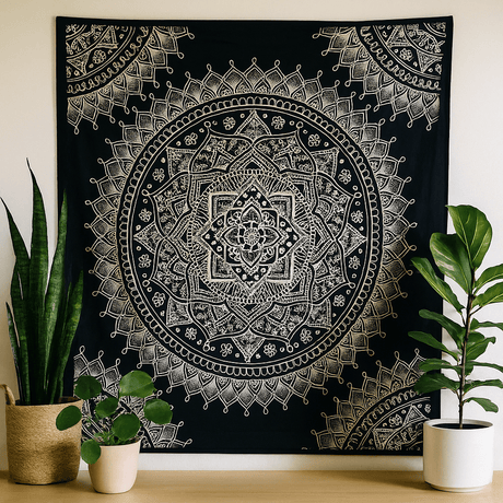 Double Cotton Bedspread Wall Hanging - Black White Lotus - SHAMTAM.COM
