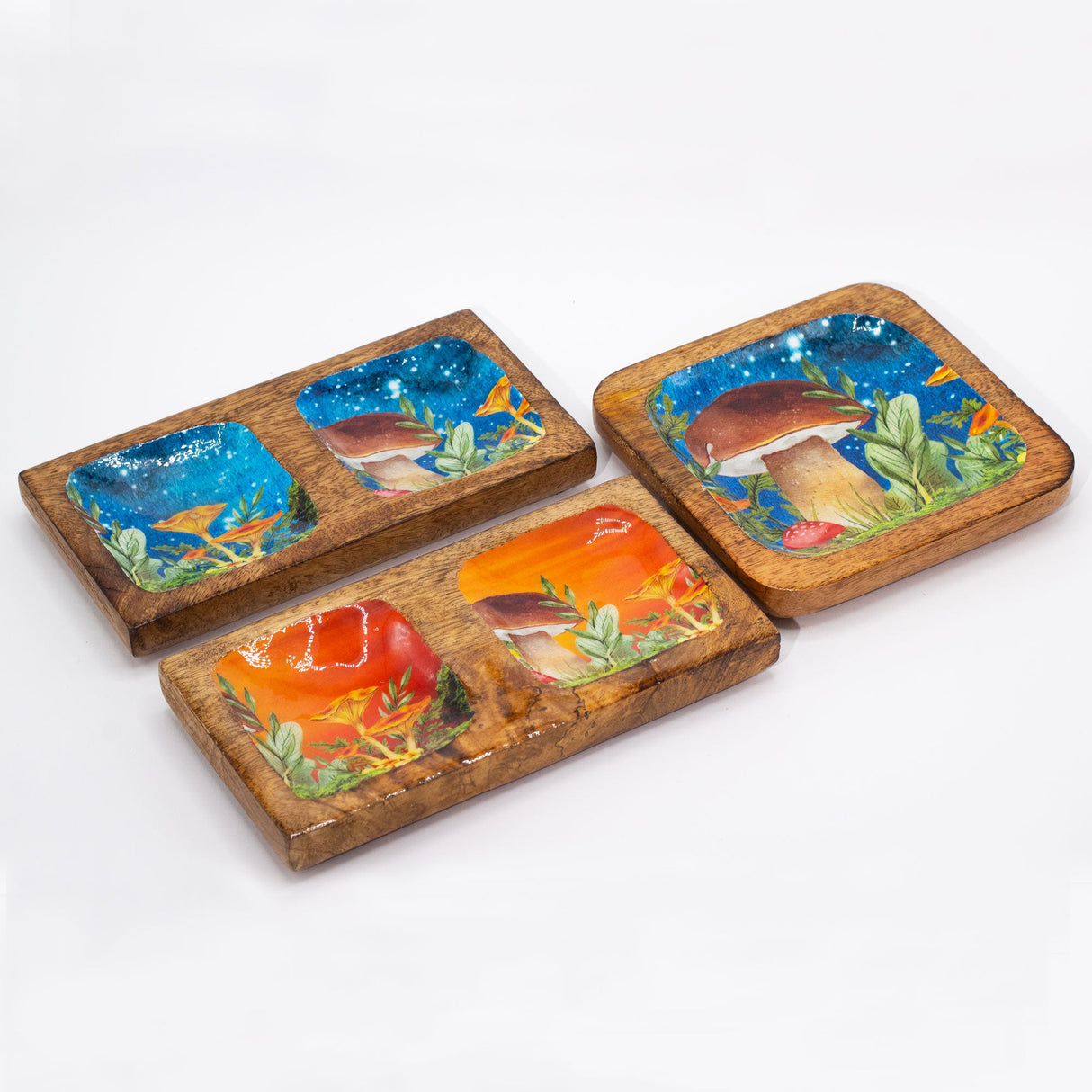 Double Trinket Tray 20x10x2.5cm - Mushroom Design Teal - SHAMTAM.COM