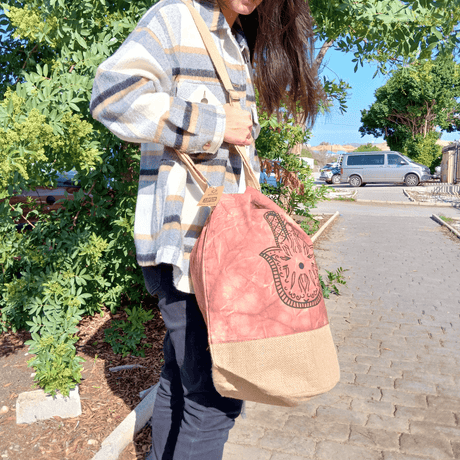 Bohemian Terracotta Stonewash Drawstring Backpack with Hamsa Design - Natural Canvas & Burlap - SHAMTAM.COM