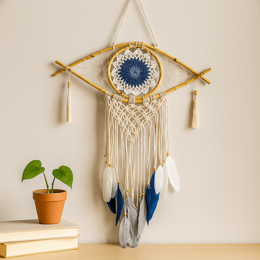 Dream Catcher Evil Eye Macrame White Blue Grey - SHAMTAM.COM