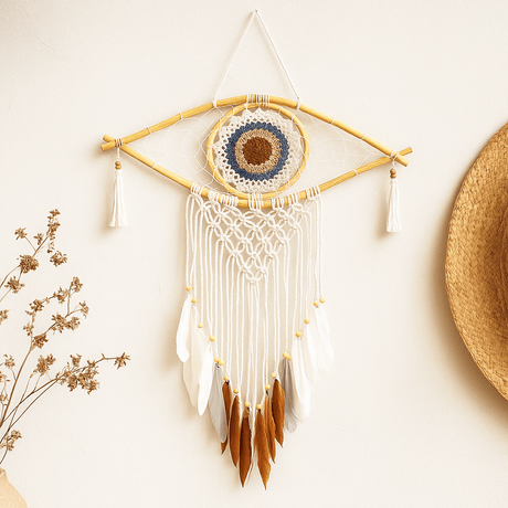 Dream Catcher Evil Eye Macrame White Grey Brown - SHAMTAM.COM