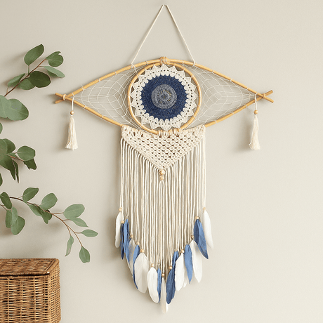 Dream Catcher Macrame Evil - Eye Large White Blue Grey - SHAMTAM.COM