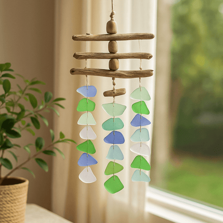 Driftwood Wind Chime 3 Stick Green White Blue - SHAMTAM.COM